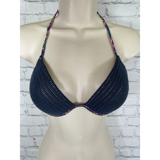 Shade & Shore Navy Blue Crochet Shell Floral Push-up Halter Swim Bikini Top 32D