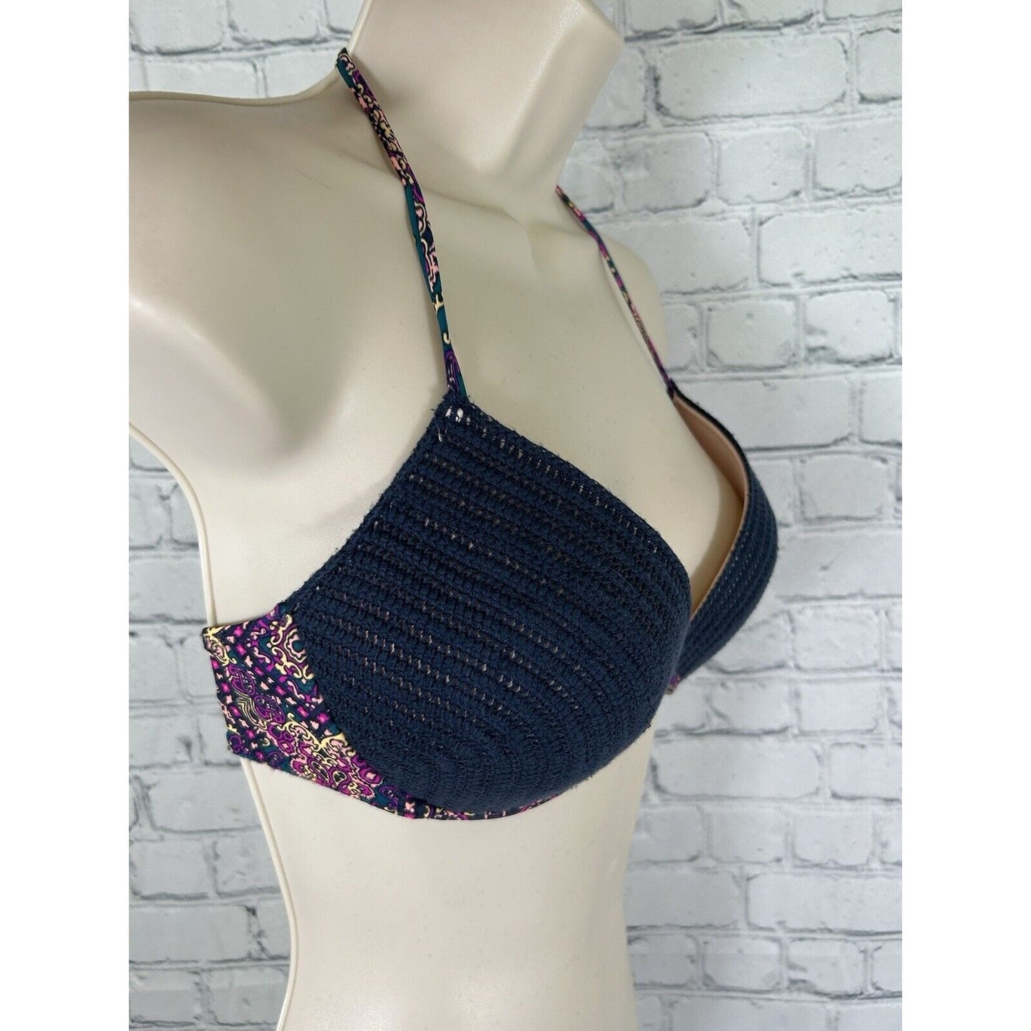 Shade & Shore Navy Blue Crochet Shell Floral Push-up Halter Swim Bikini Top 32D