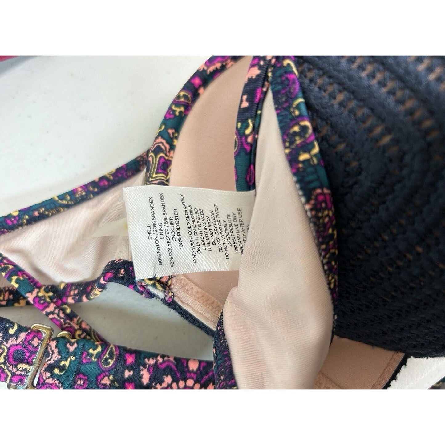 Shade & Shore Navy Blue Crochet Shell Floral Push-up Halter Swim Bikini Top 32D