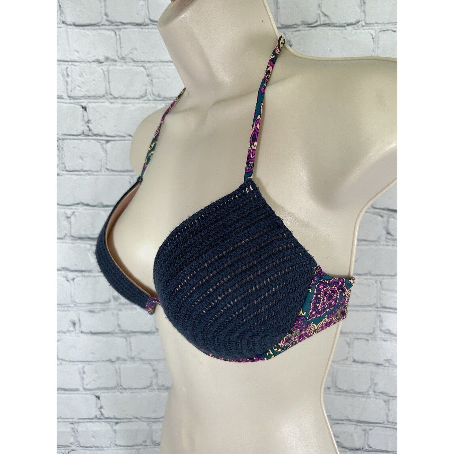 Shade & Shore Navy Blue Crochet Shell Floral Push-up Halter Swim Bikini Top 32D