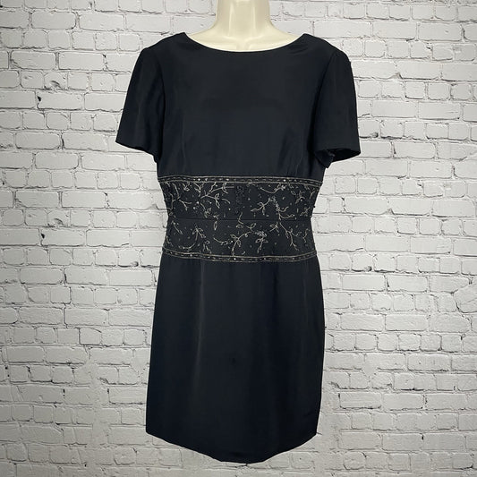 Melinda Eng Black Silk Sheath Beaded Accent Lined Zipped Dress USA Made Size 10