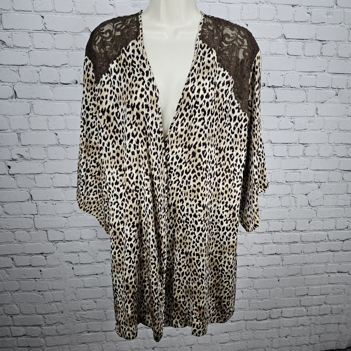 Marilyn Monroe Warners Brown Silk Leopard Lace 3/4 Sleeve Pockets Short Robe P/S