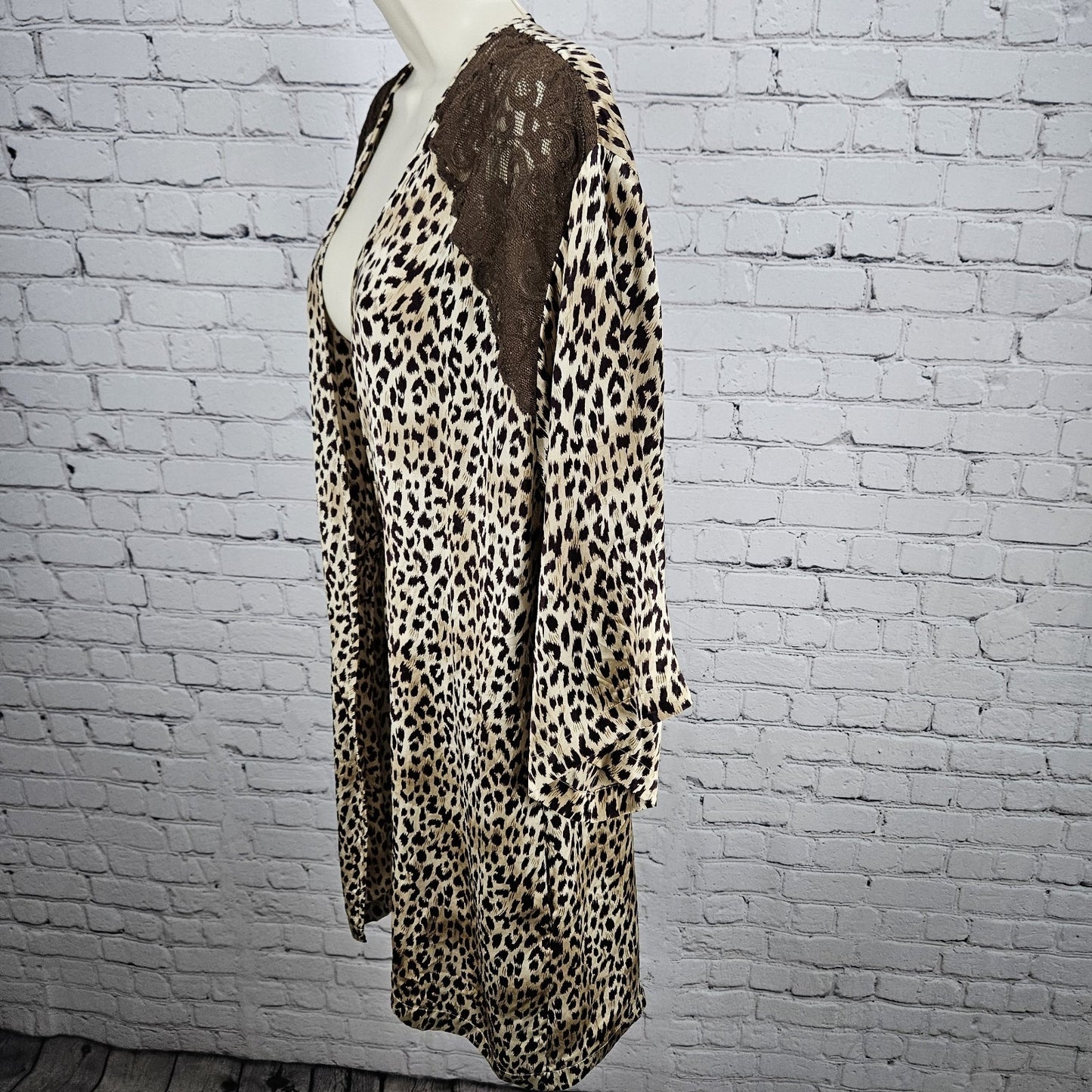 Marilyn Monroe Warners Brown Silk Leopard Lace 3/4 Sleeve Pockets Short Robe P/S
