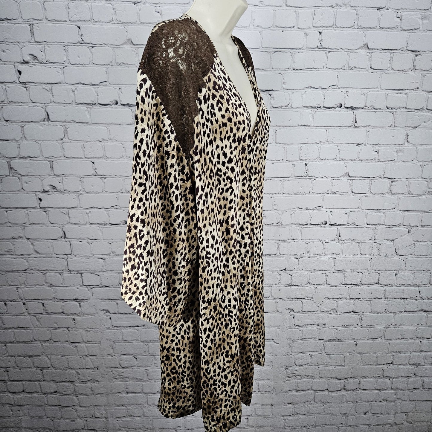 Marilyn Monroe Warners Brown Silk Leopard Lace 3/4 Sleeve Pockets Short Robe P/S