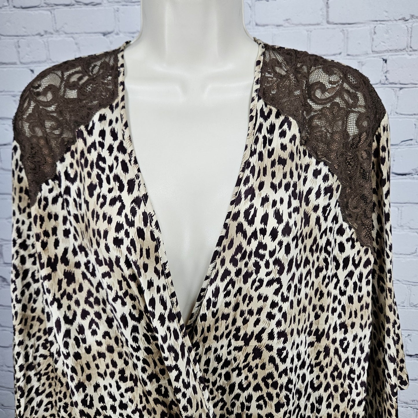 Marilyn Monroe Warners Brown Silk Leopard Lace 3/4 Sleeve Pockets Short Robe P/S