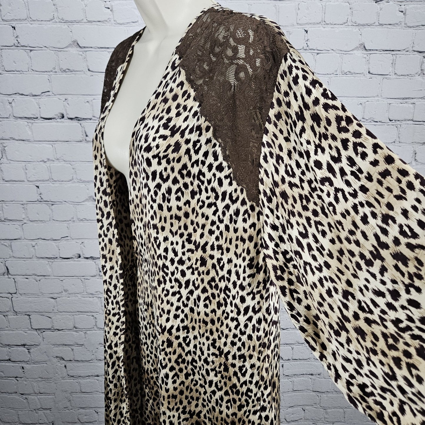 Marilyn Monroe Warners Brown Silk Leopard Lace 3/4 Sleeve Pockets Short Robe P/S
