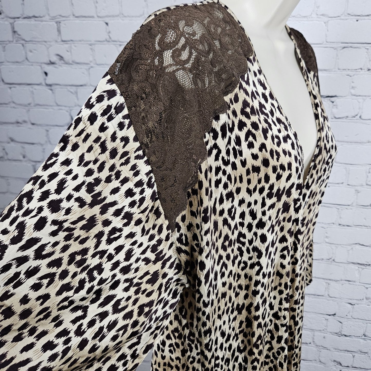 Marilyn Monroe Warners Brown Silk Leopard Lace 3/4 Sleeve Pockets Short Robe P/S