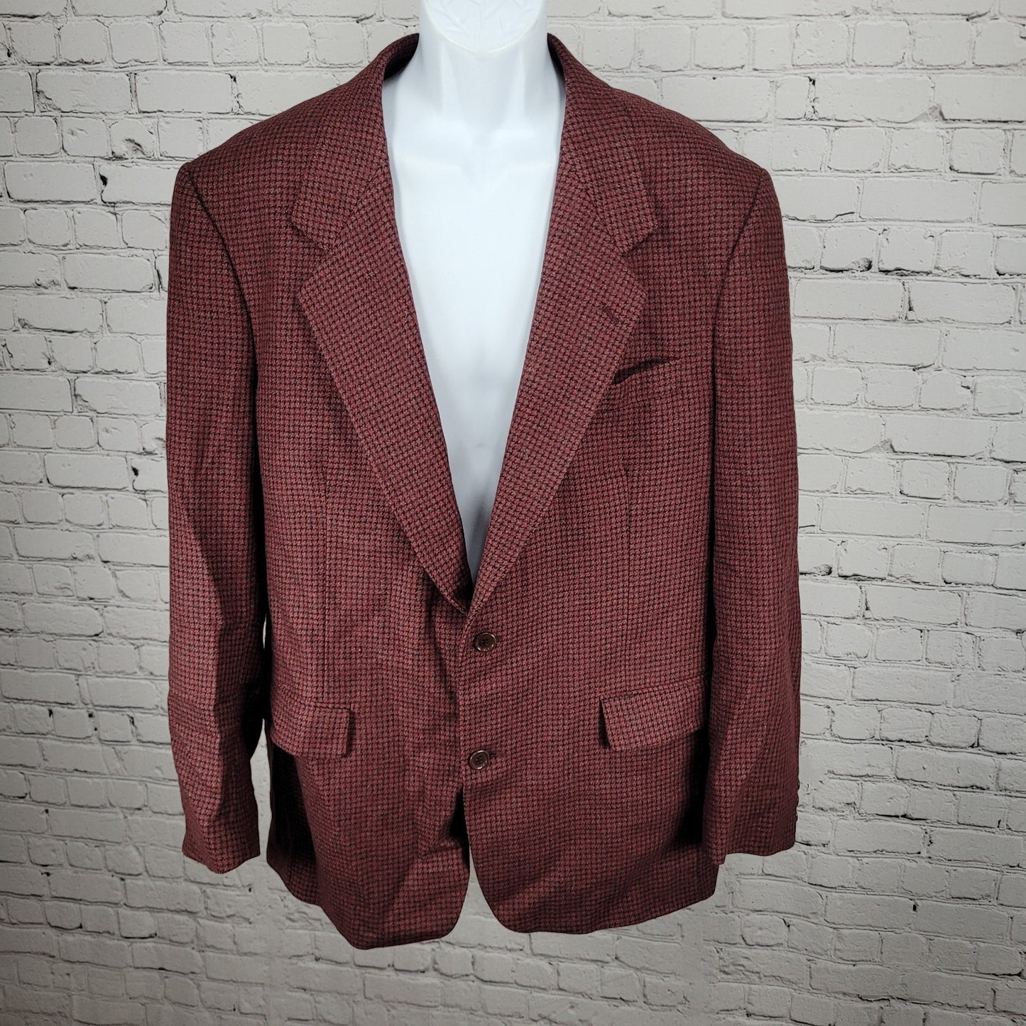 Bachrach Red 100% Wool Houndstooth 2 Button Ventless Notch Blazer Sport Coat 44