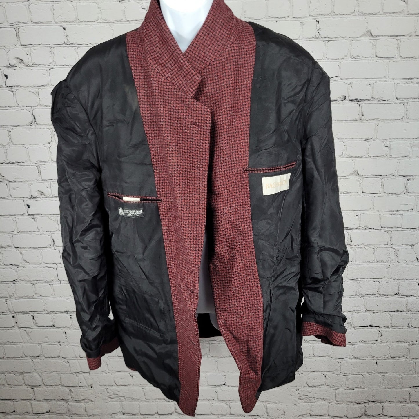 Bachrach Red 100% Wool Houndstooth 2 Button Ventless Notch Blazer Sport Coat 44