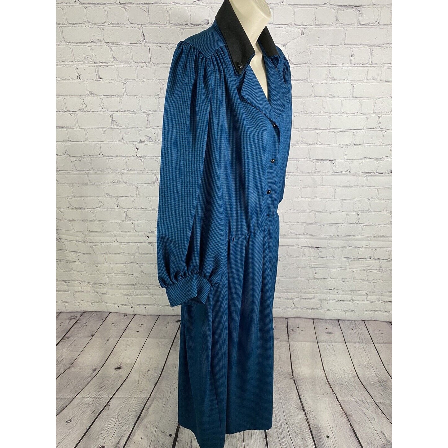 VTG Sabino Blue Black Check Shoulder Padded Button Front Long Peasant Dress 14