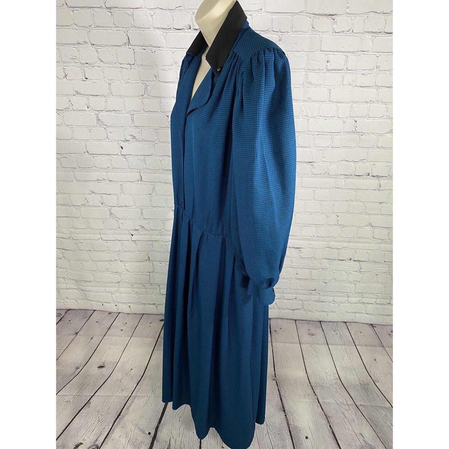 VTG Sabino Blue Black Check Shoulder Padded Button Front Long Peasant Dress 14