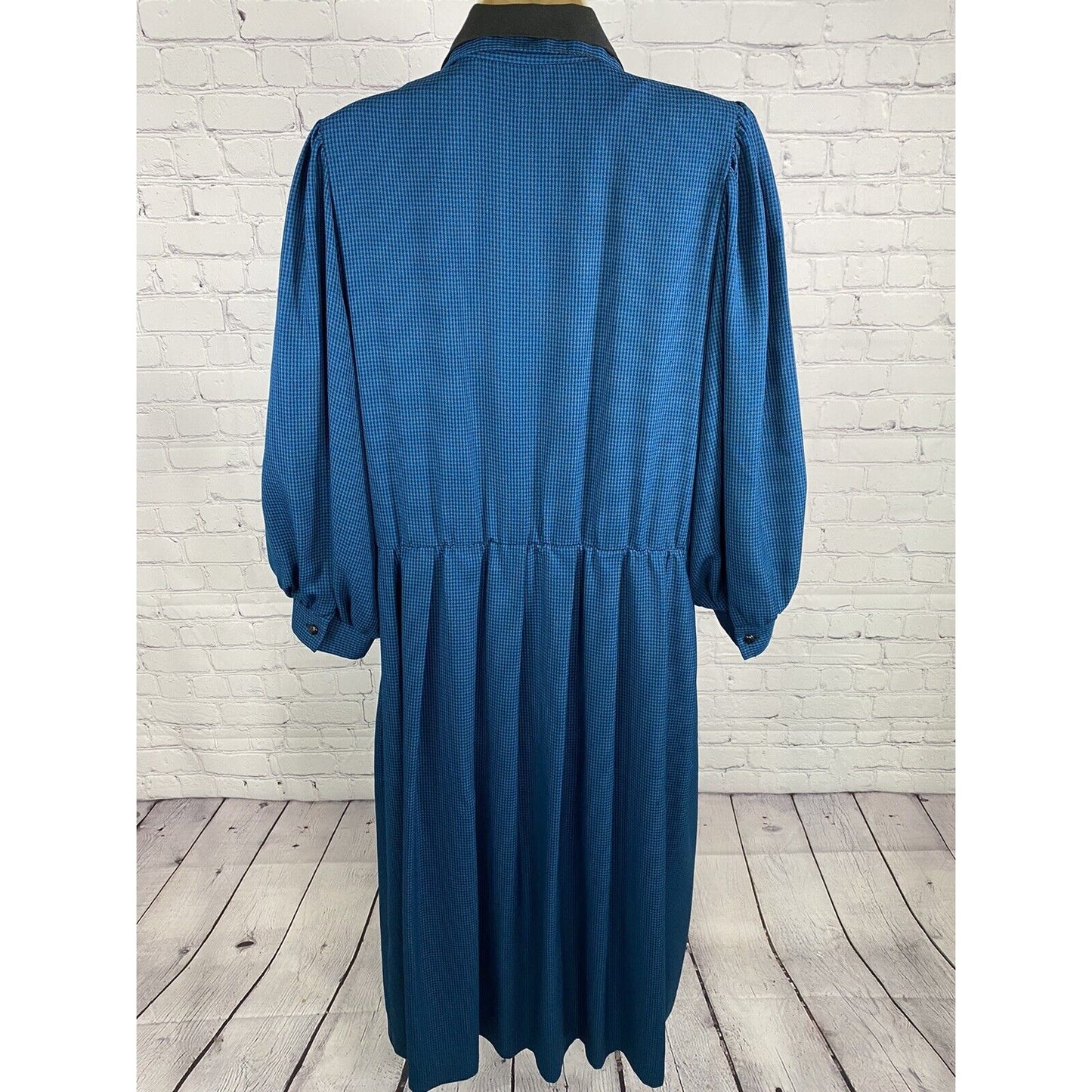 VTG Sabino Blue Black Check Shoulder Padded Button Front Long Peasant Dress 14