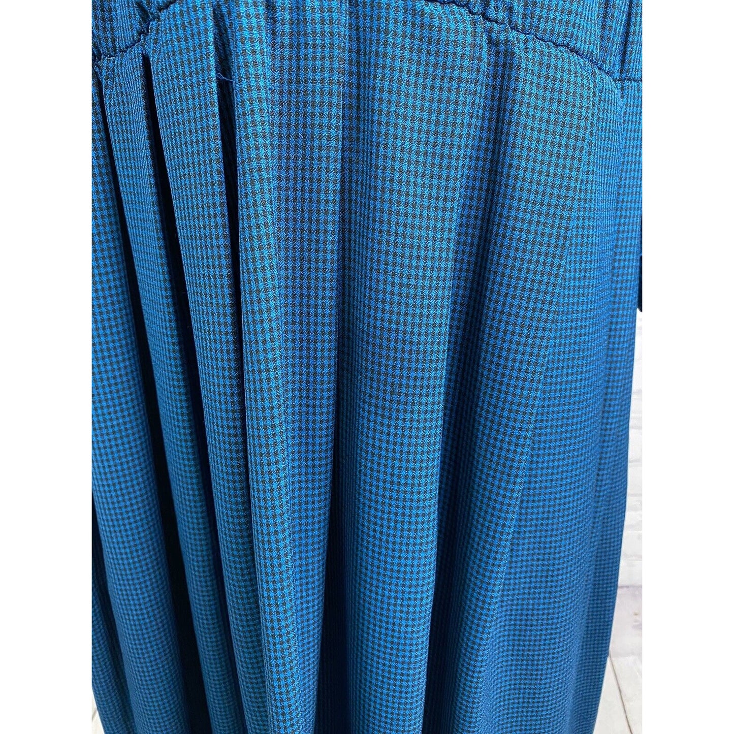 VTG Sabino Blue Black Check Shoulder Padded Button Front Long Peasant Dress 14