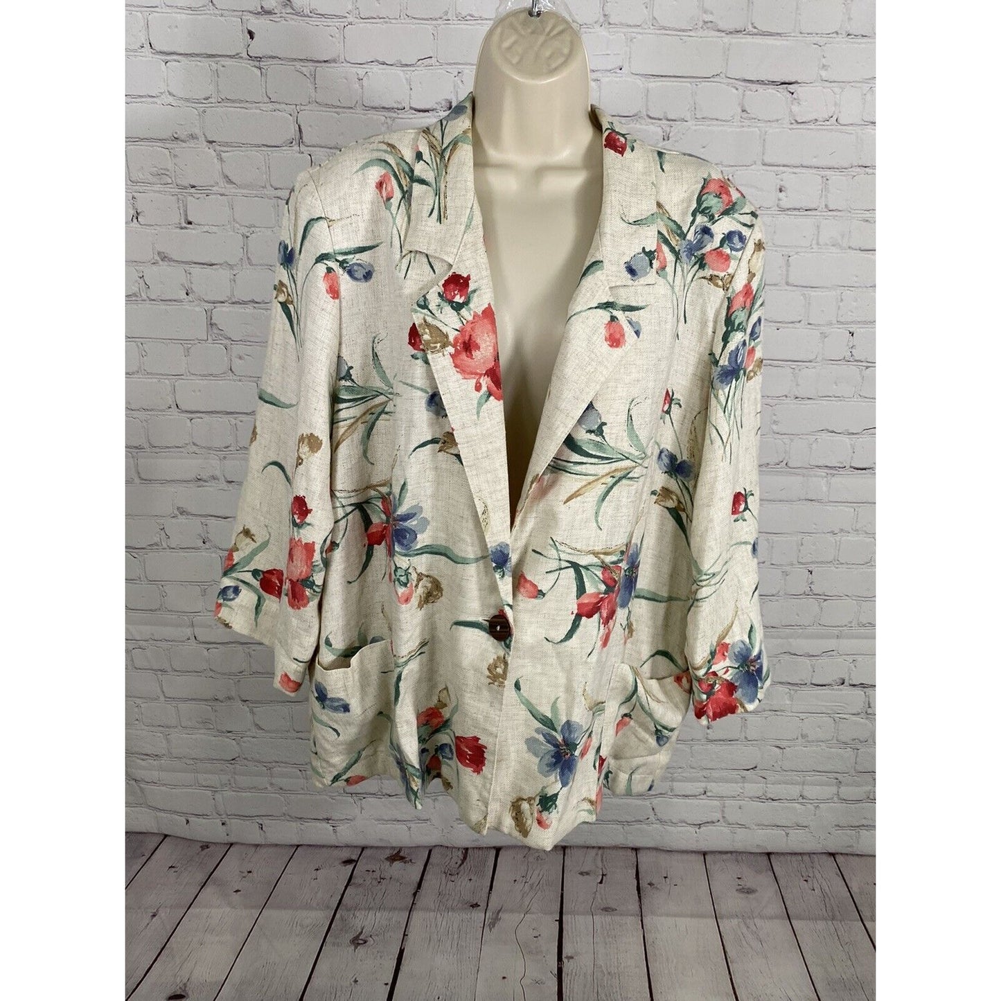 VTG Joanna Petite Beige Floral 3/4 Sleeve Single Button Blazer Jacket Womens PXL