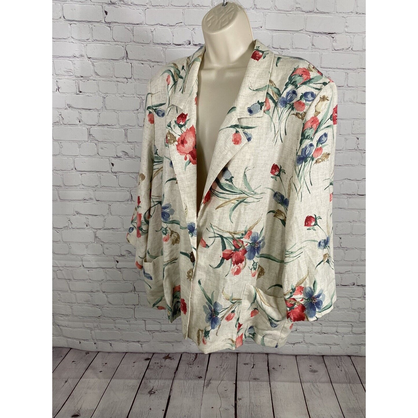 VTG Joanna Petite Beige Floral 3/4 Sleeve Single Button Blazer Jacket Womens PXL