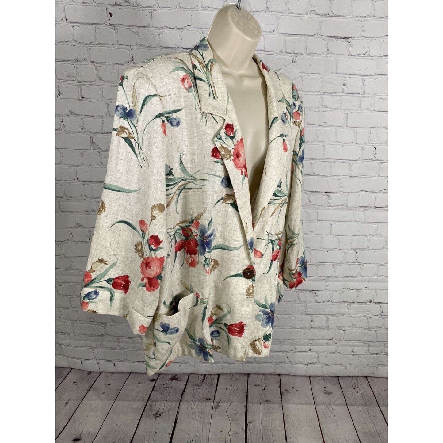 VTG Joanna Petite Beige Floral 3/4 Sleeve Single Button Blazer Jacket Womens PXL