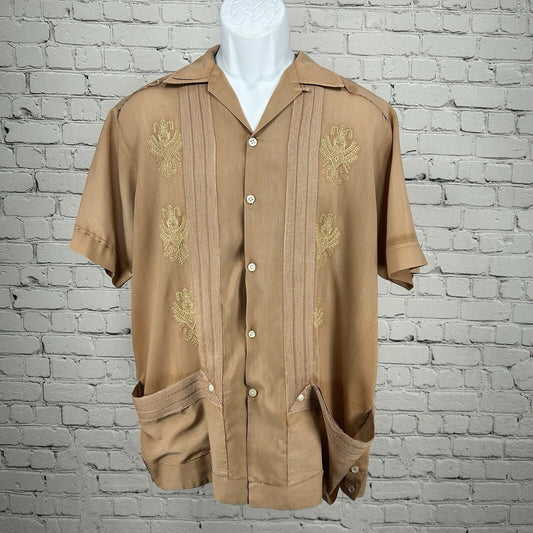 Guayabera Guaya Teca Salmon Pink Embroidered Short Sleeeve Button Up Size XL
