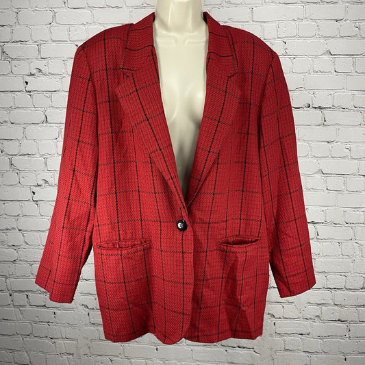 VTG Samantha USA Red Check One Button Lightweight Blazer Pockets Size 14