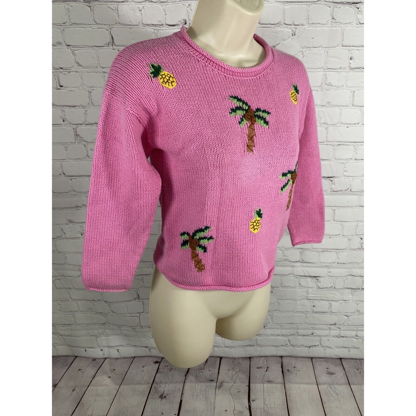 CJ Laing Handmade In Peru Pink Palm Tree Pineapple Cable Knit Sweater Girls 7