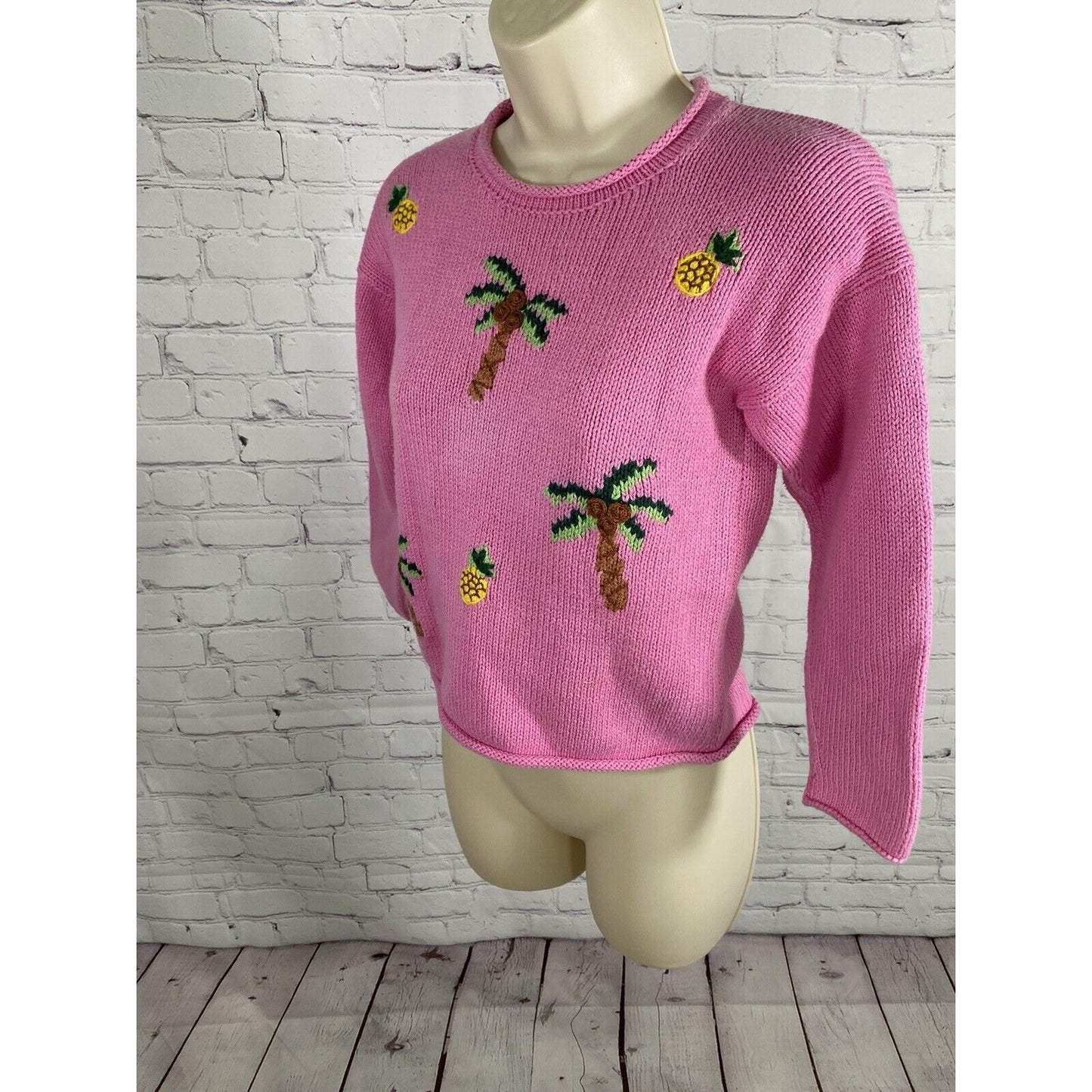 CJ Laing Handmade In Peru Pink Palm Tree Pineapple Cable Knit Sweater Girls 7