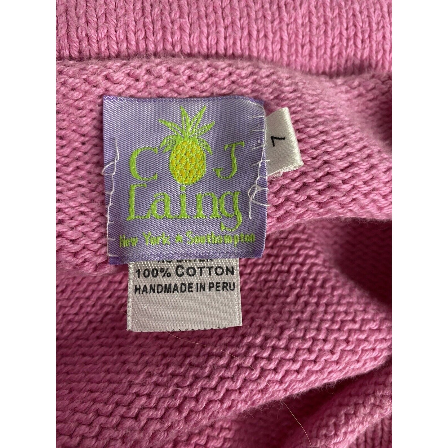 CJ Laing Handmade In Peru Pink Palm Tree Pineapple Cable Knit Sweater Girls 7