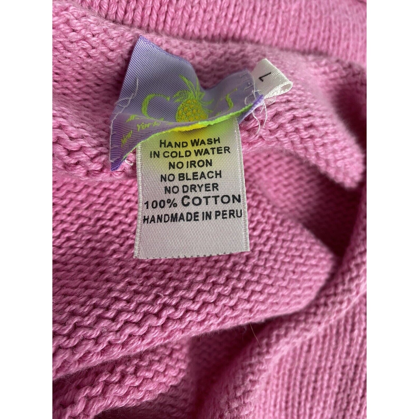 CJ Laing Handmade In Peru Pink Palm Tree Pineapple Cable Knit Sweater Girls 7