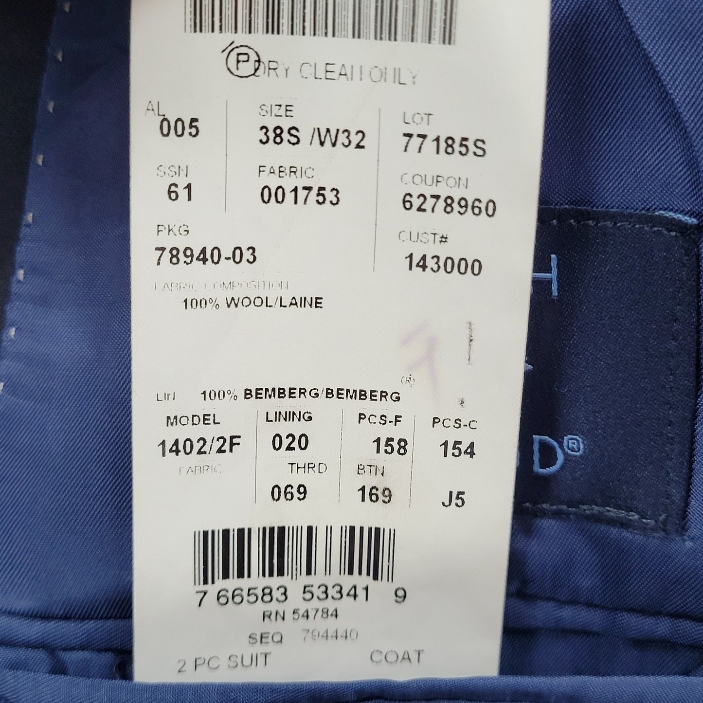 Joseph Abboud Navy 100% Wool Full Suit 2 Piece Blazer Pants USA 38S/W32 (32x29)