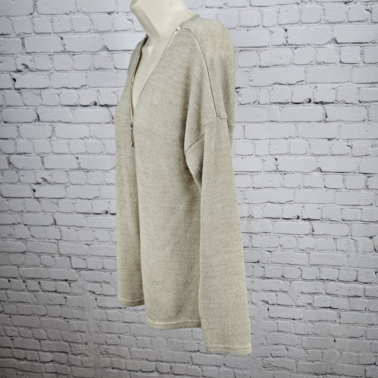 Soft Surroundings Beige Knit Gold Zipper V Neck Long Sleeve Sweater Top Small S