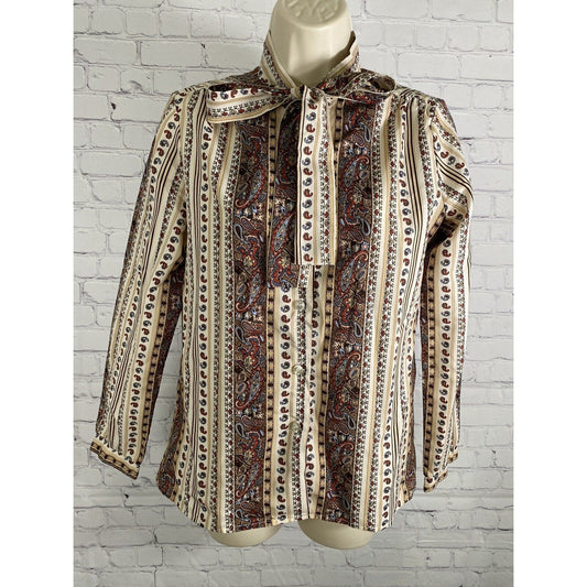 VTG Unbranded Multicolored Long Sleeve Paisley Button Up Neck Tie Blouse Medium