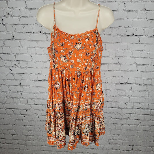Urban Outfitters Orange Floral Strappy Boho Lined Sundress Slip Dress Medium M