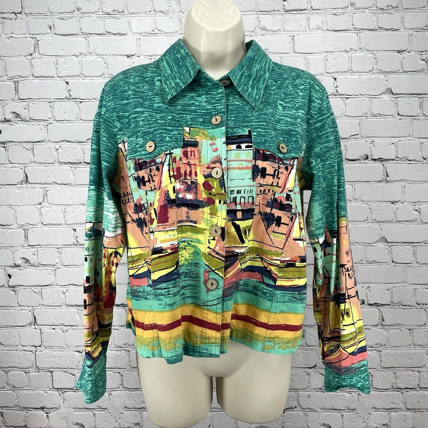 Jane Ashley Green 100% Cotton Sailboat Print Button Up Long Sleeve Size Medium M