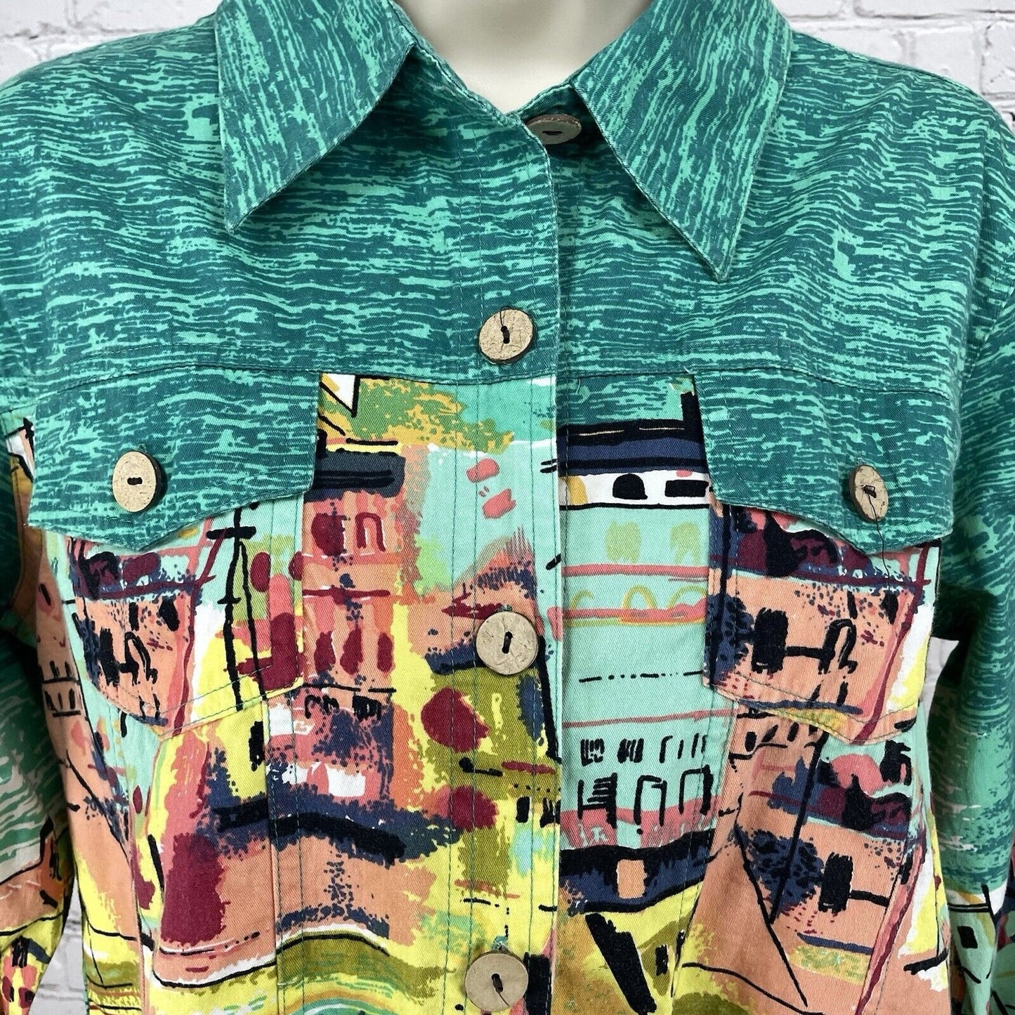 Jane Ashley Green 100% Cotton Sailboat Print Button Up Long Sleeve Size Medium M