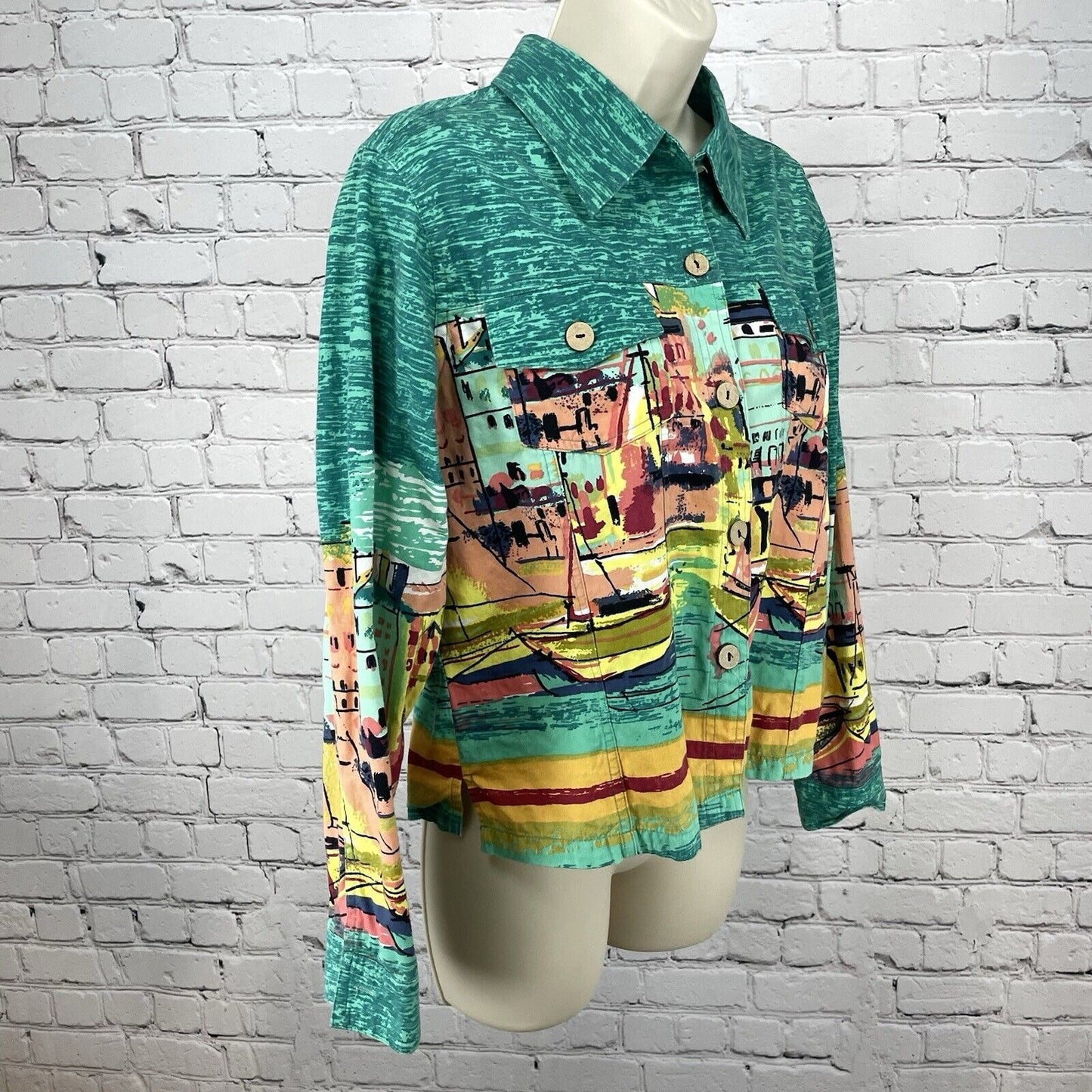 Jane Ashley Green 100% Cotton Sailboat Print Button Up Long Sleeve Size Medium M