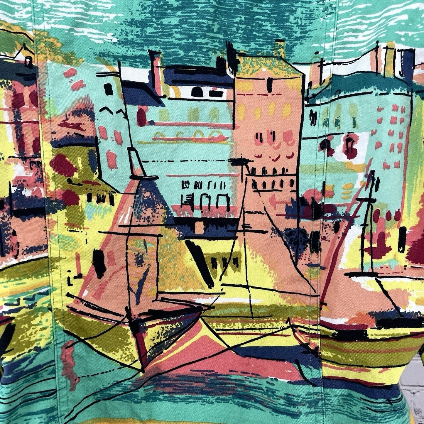 Jane Ashley Green 100% Cotton Sailboat Print Button Up Long Sleeve Size Medium M