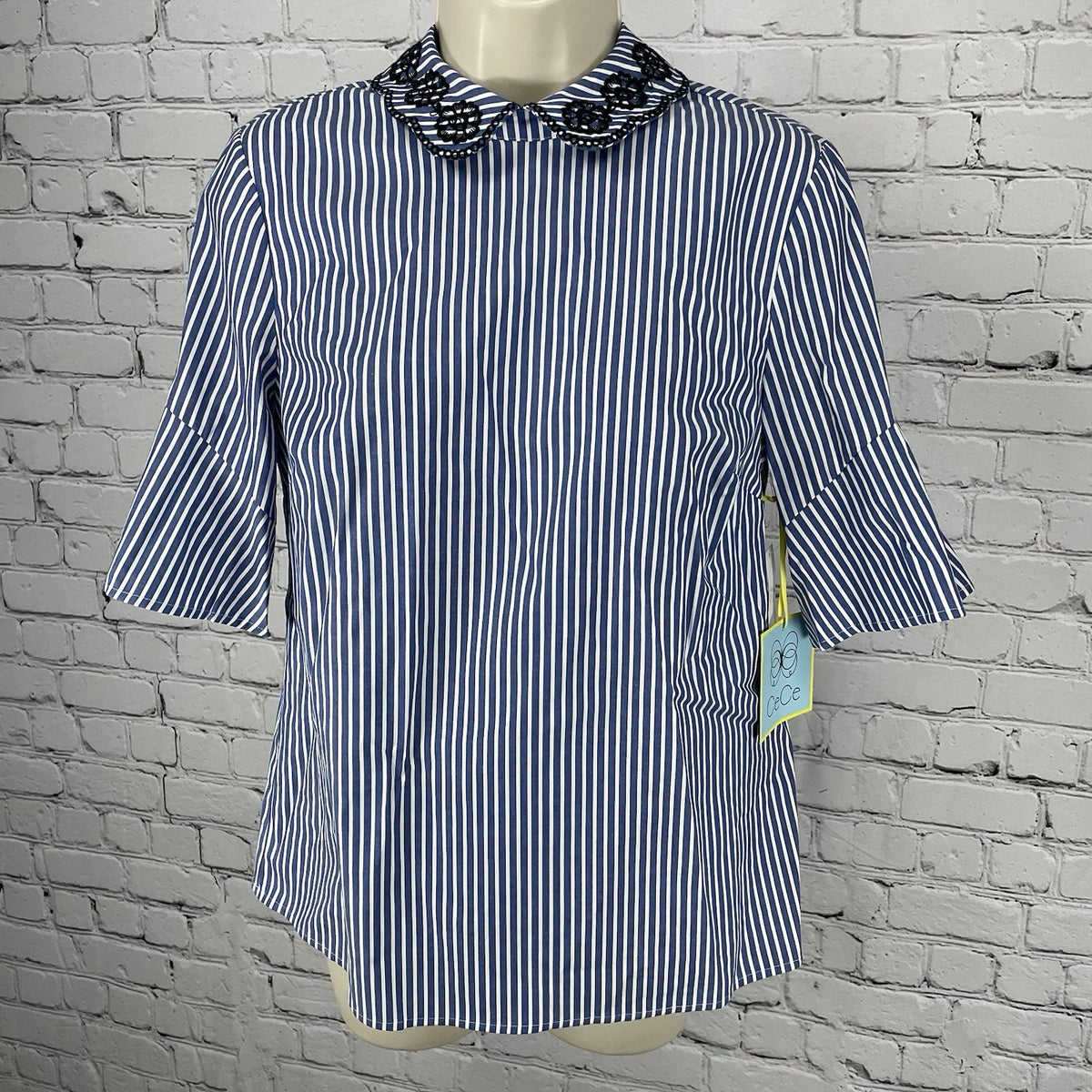 NWD CeCe Blue Sapphire Striped Floral Embroidered High Neck Collar Top Size XS