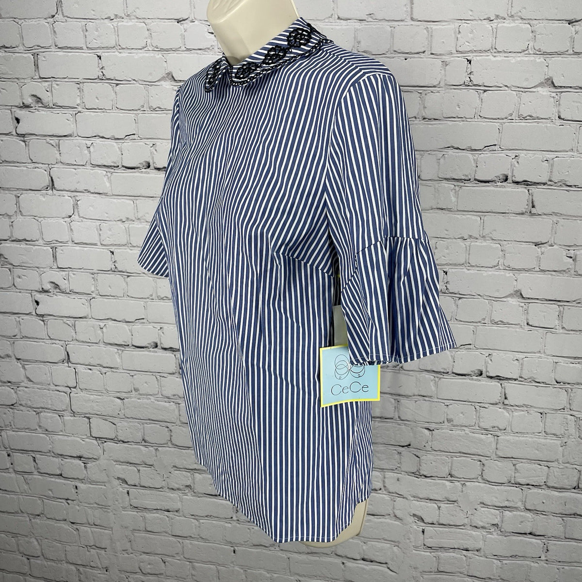 NWD CeCe Blue Sapphire Striped Floral Embroidered High Neck Collar Top Size XS