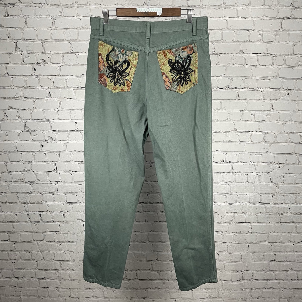 Tamorah Marie Green Embellished Pockets Tapered High Rise Jeans Size 14 (32x32)
