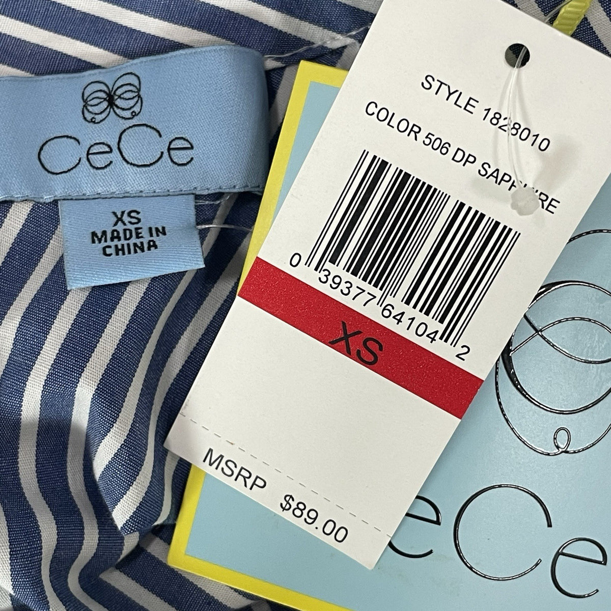 NWD CeCe Blue Sapphire Striped Floral Embroidered High Neck Collar Top Size XS