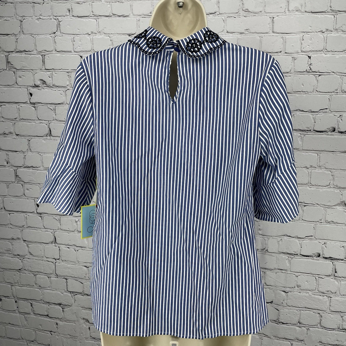 NWD CeCe Blue Sapphire Striped Floral Embroidered High Neck Collar Top Size XS
