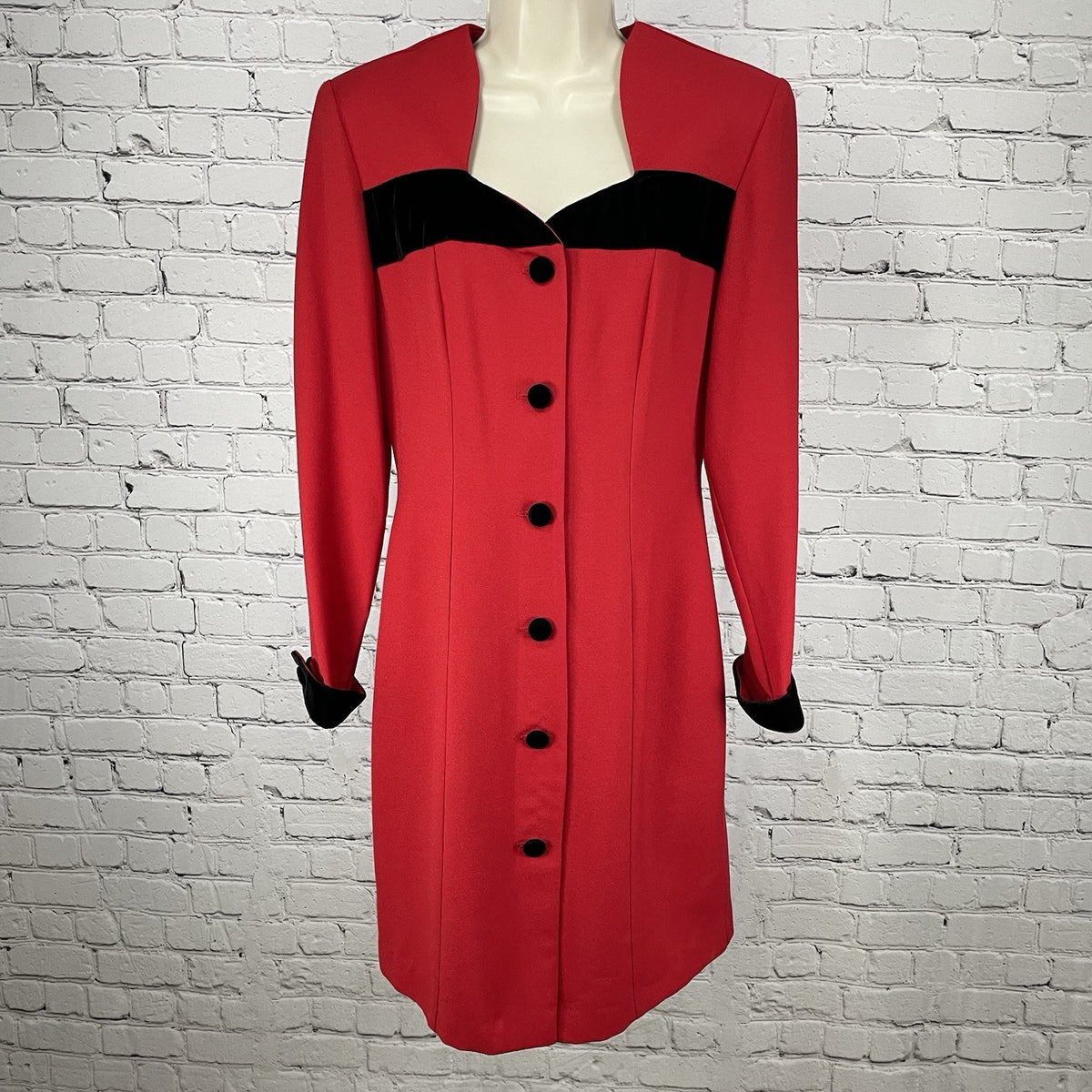 VTG Lew Magram Red Velvet Accent Button Long Sleeve Padded Dress USA Made Size 6