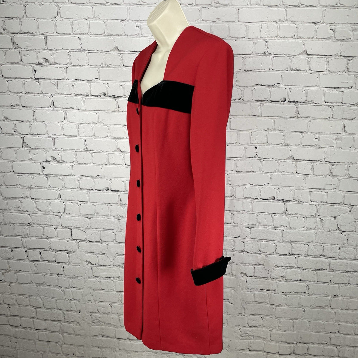 VTG Lew Magram Red Velvet Accent Button Long Sleeve Padded Dress USA Made Size 6