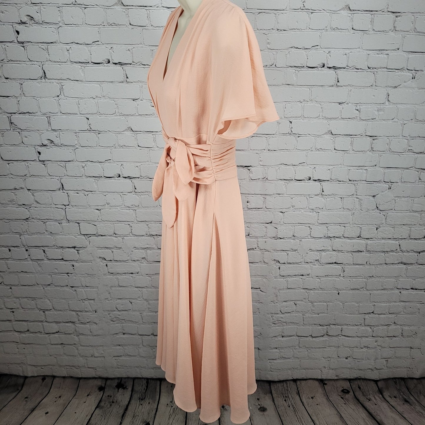 Gal Meets Glam Jane Pink Chiffon Pleated Waist Tie Short Flutter Sleeve Dress 2