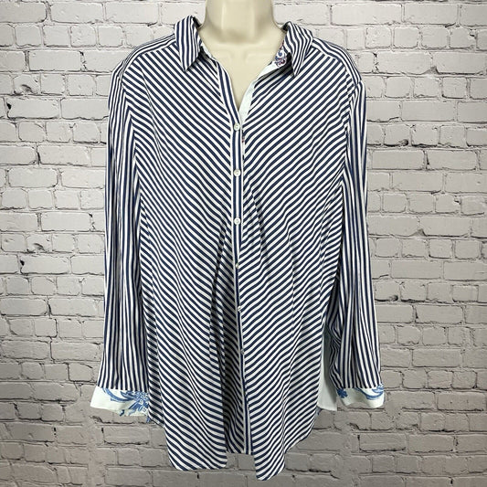 Chico’s Blue Striped Oyster Shell Button Up Shirt Flowy Size 3 US 16/18 Large L