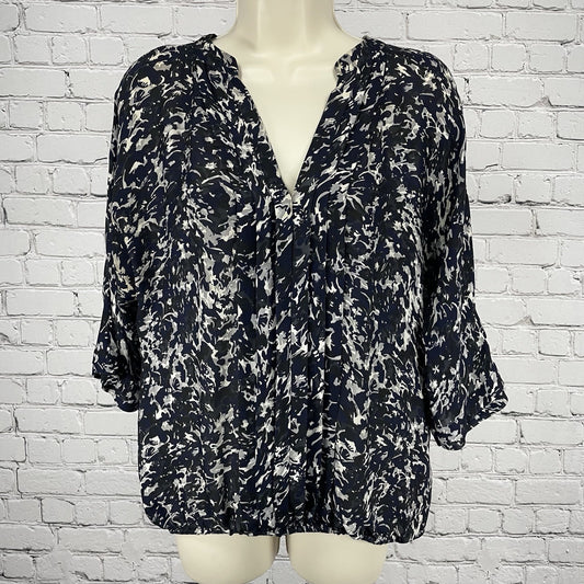 Joie Blue 100% Silk Chiffon Printed Pleated 3/4 Sleeve Blouse Top Medium *defect