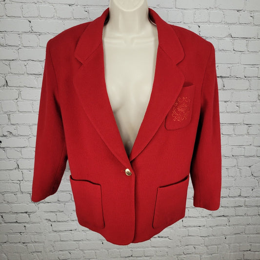 VTG Rafaella Red Wool Gold Button Embroidered Lined Jacket Italian Made Size 12