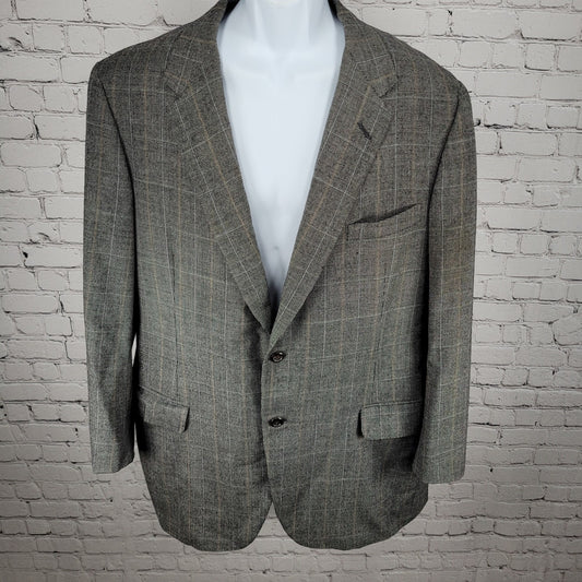 Neiman Marcus Oxxford Clothes Grey Merino Wool Check 2 Button Blazer Size 46L