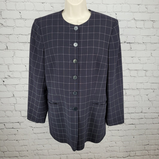 Jaeger Black Pure New Wool Windowpane Buttoned Collarless Suit Jacket Size 12