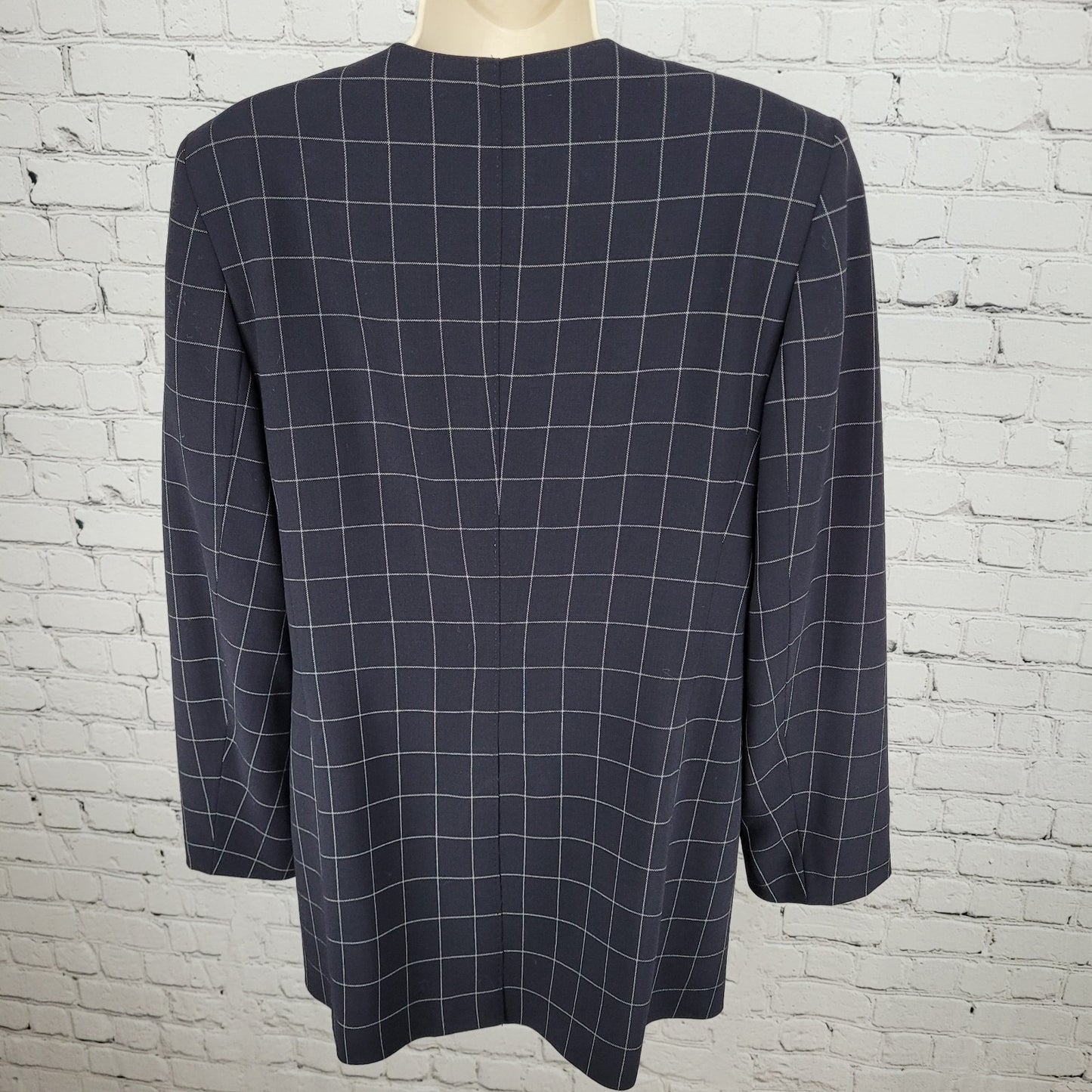 Jaeger Black Pure New Wool Windowpane Buttoned Collarless Suit Jacket Size 12