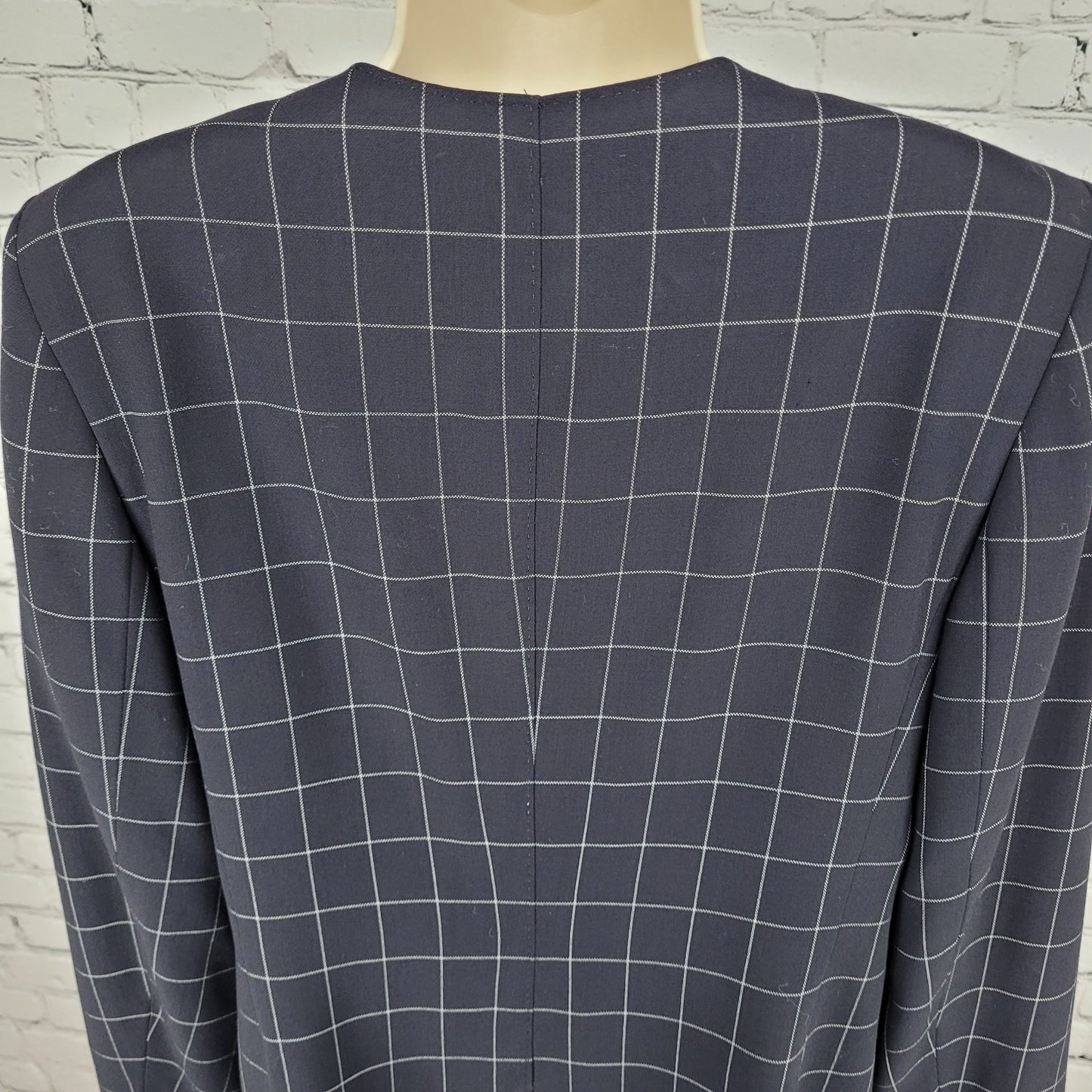 Jaeger Black Pure New Wool Windowpane Buttoned Collarless Suit Jacket Size 12