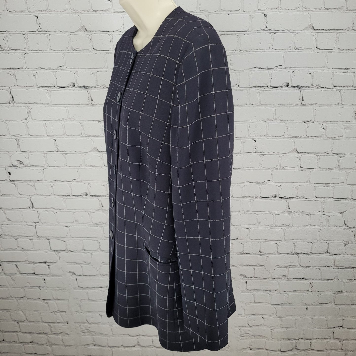 Jaeger Black Pure New Wool Windowpane Buttoned Collarless Suit Jacket Size 12